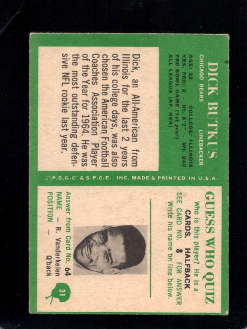 1966 PHILADELPHIA #31 DICK BUTKUS VG+ (RC) HOF 